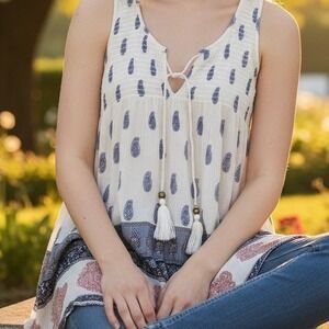 ONeill Womens Tank Top Tunic Boho‎ Paisley Print Lace Up Tassels Blue White L